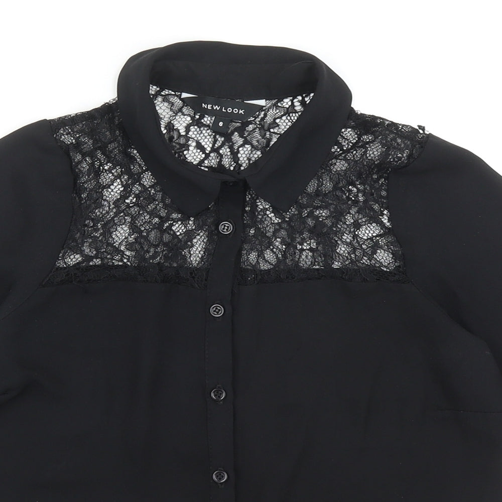 New Look Womens Black Polyester Basic Button-Up Size 6 Collared - Lace Detail