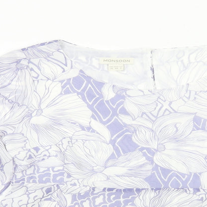 Monsoon Womens Purple Geometric Polyester Basic Blouse Size 10 Round Neck