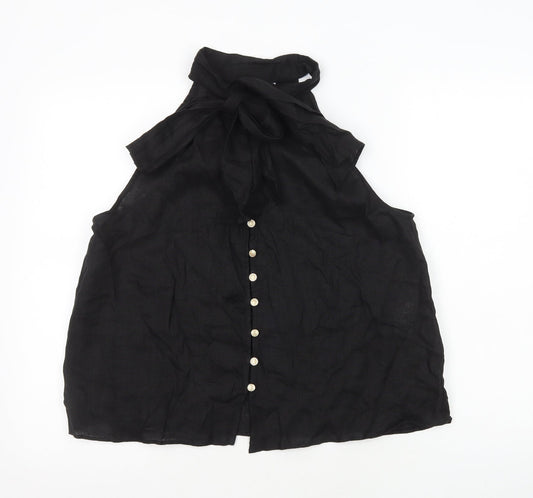 Zara Womens Black Viscose Basic Button-Up Size XS Round Neck - Neck Tie