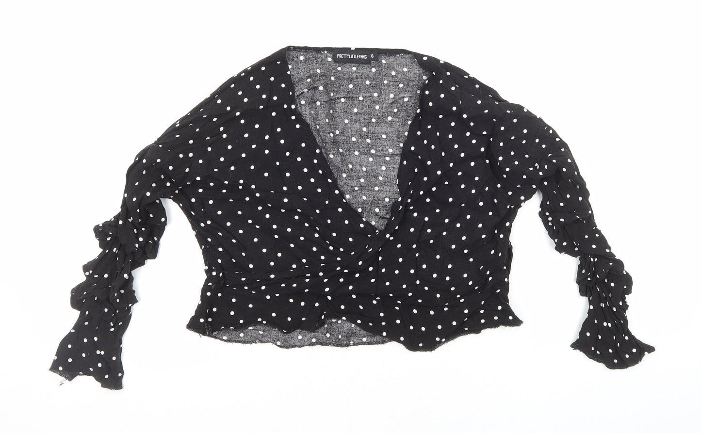PRETTYLITTLETHING Womens Black Polka Dot Viscose Cropped Blouse Size 8 V-Neck - Ruched Sleeves