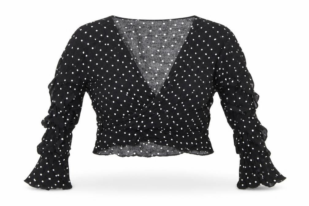 PRETTYLITTLETHING Womens Black Polka Dot Viscose Cropped Blouse Size 8 V-Neck - Ruched Sleeves