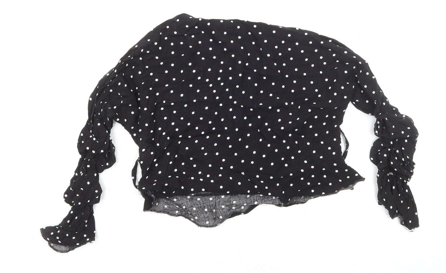 PRETTYLITTLETHING Womens Black Polka Dot Viscose Cropped Blouse Size 8 V-Neck - Ruched Sleeves