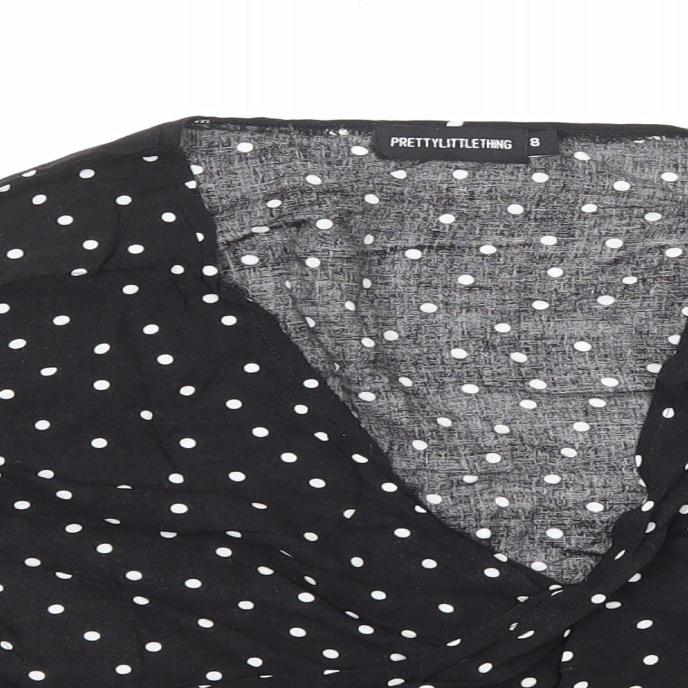PRETTYLITTLETHING Womens Black Polka Dot Viscose Cropped Blouse Size 8 V-Neck - Ruched Sleeves
