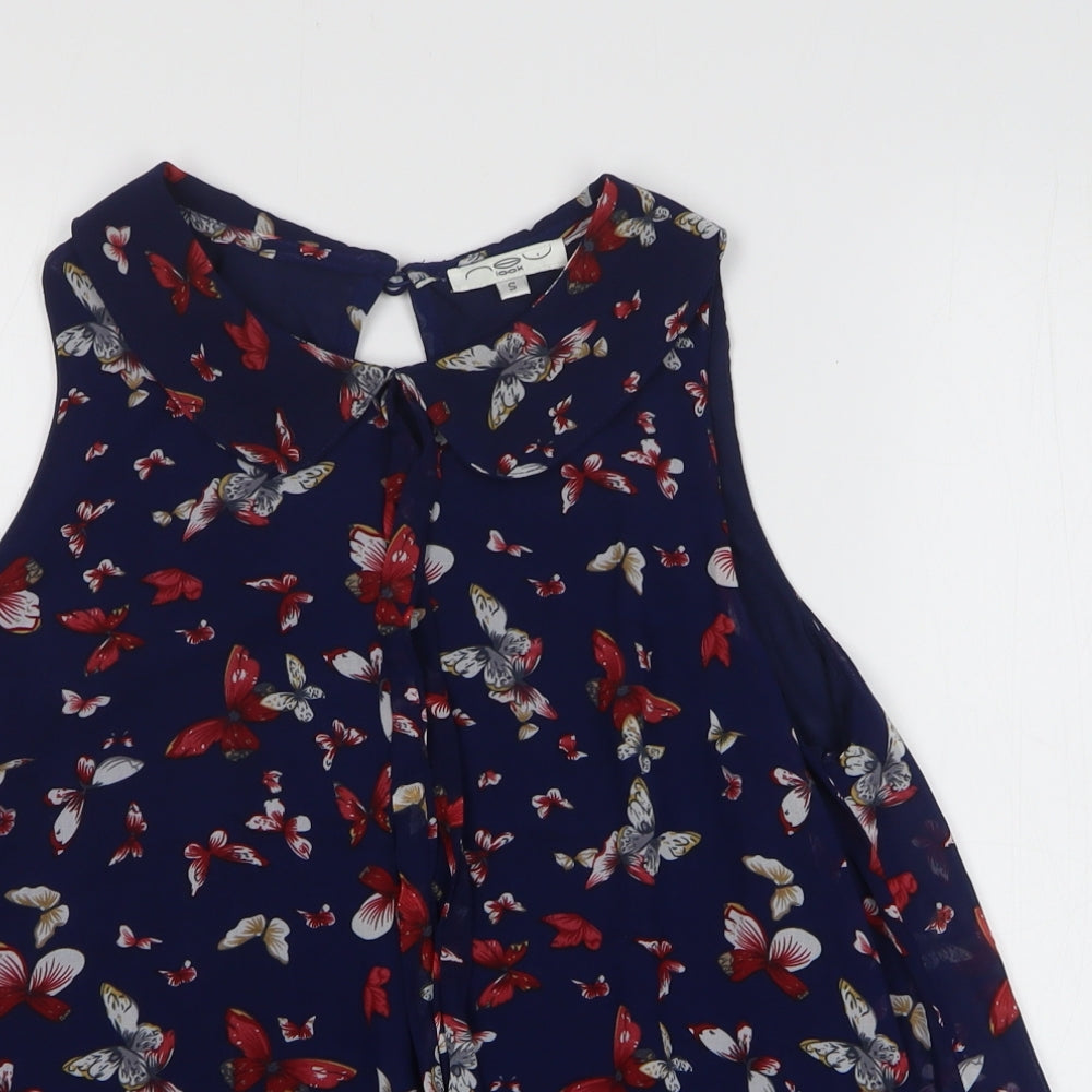 New Look Womens Blue Geometric Polyester Basic Blouse Size S Collared - Butterfly Pattern