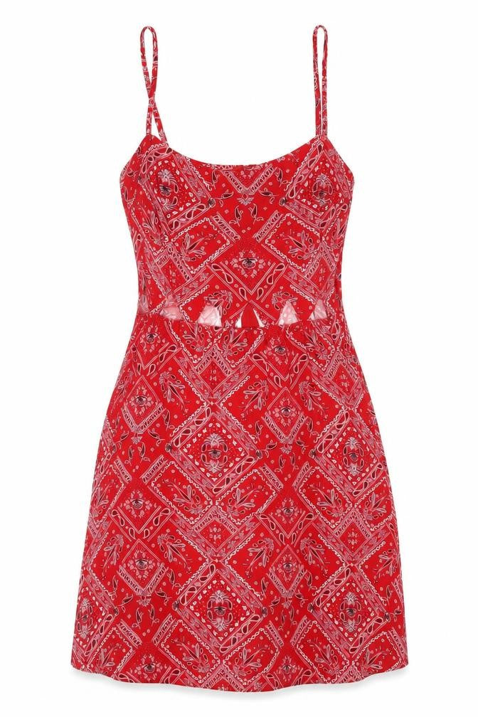 H&M Womens Red Geometric Viscose Fit & Flare Size 8 Off the Shoulder Zip