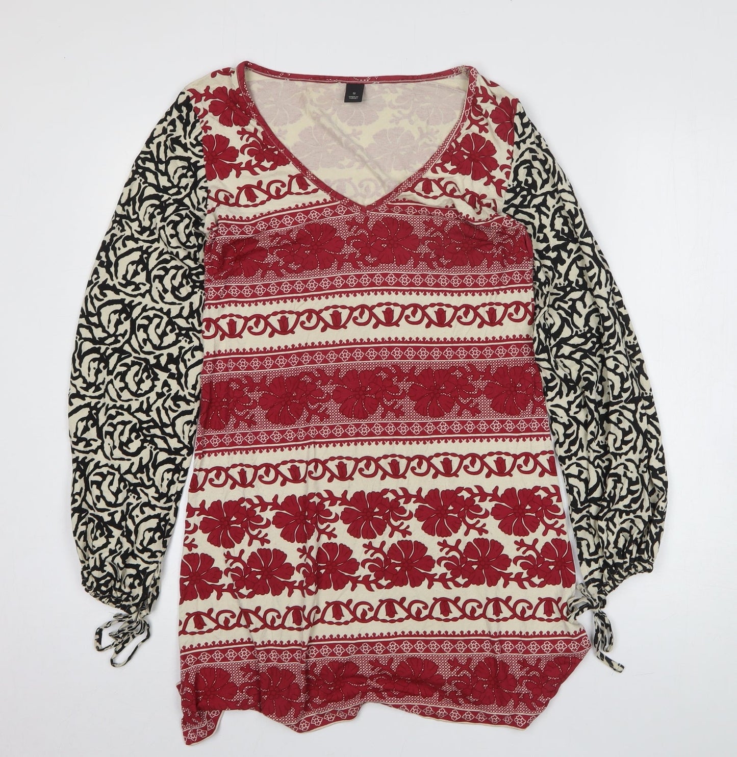 H&M Womens Red Geometric Viscose A-Line Size S V-Neck Pullover