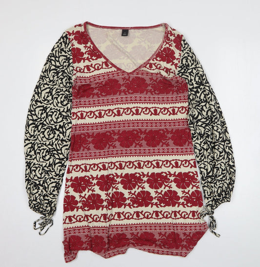 H&M Womens Red Geometric Viscose A-Line Size S V-Neck Pullover