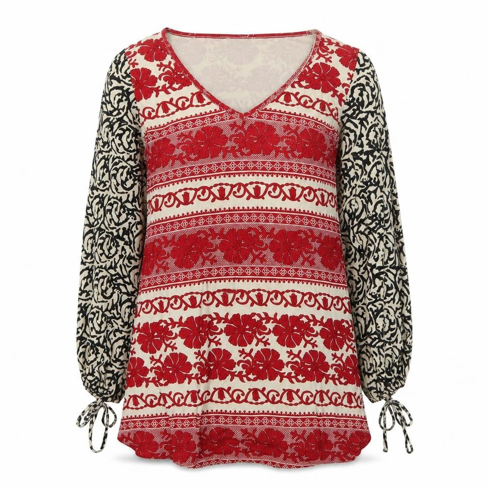 H&M Womens Red Geometric Viscose A-Line Size S V-Neck Pullover