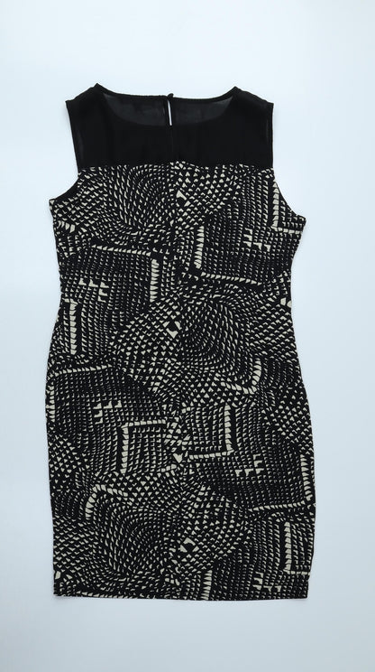 Next Womens Black Geometric Polyester A-Line Size 14 Boat Neck Button
