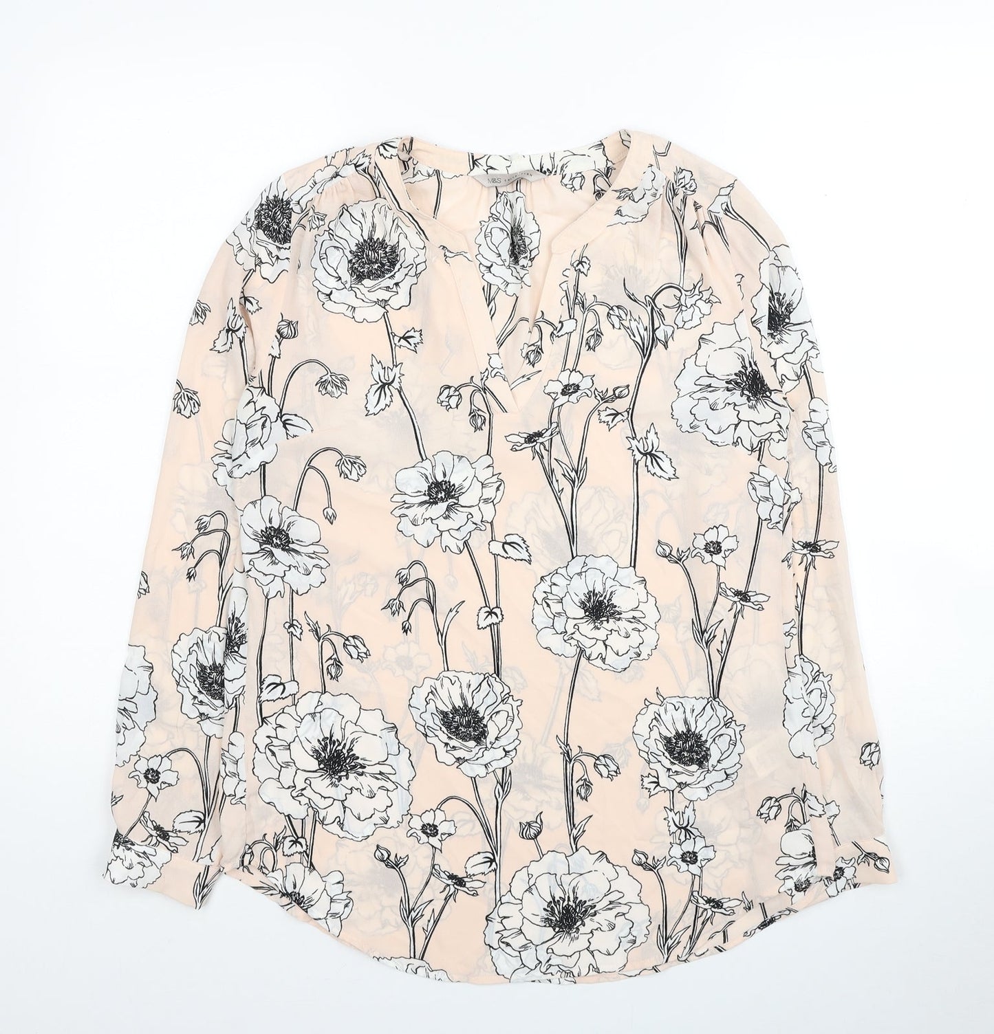 Marks and Spencer Womens Beige Floral Polyester Basic Blouse Size 8 V-Neck