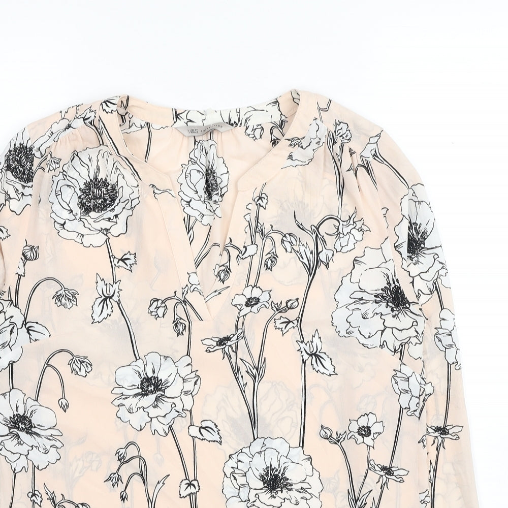 Marks and Spencer Womens Beige Floral Polyester Basic Blouse Size 8 V-Neck
