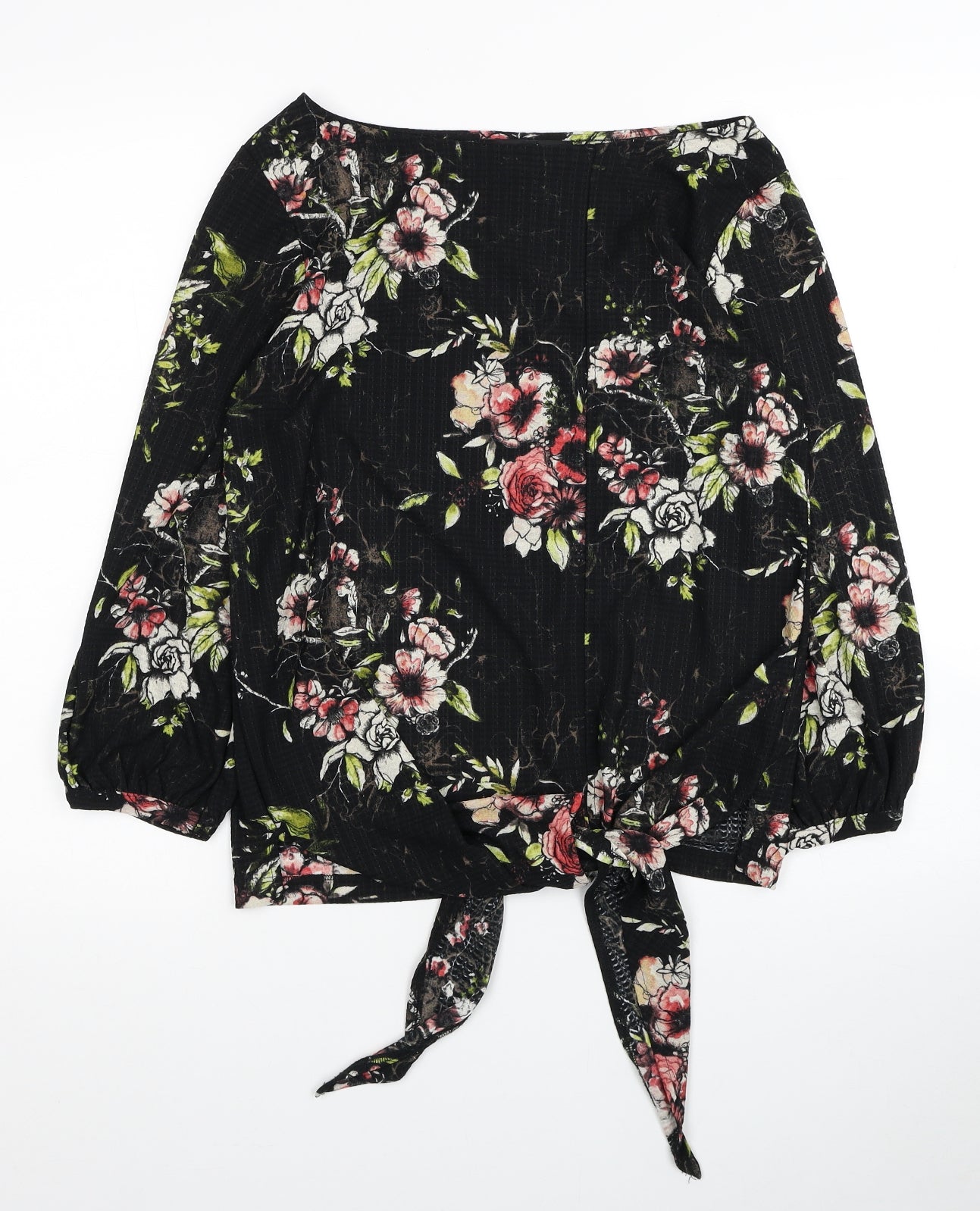 NEXT Womens Black Floral Polyester Basic Blouse Size 8 Boat Neck - Knot Detail