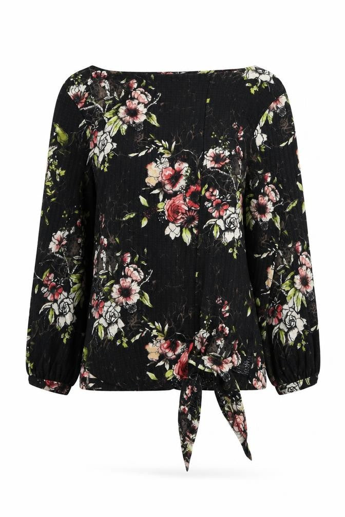 NEXT Womens Black Floral Polyester Basic Blouse Size 8 Boat Neck - Knot Detail