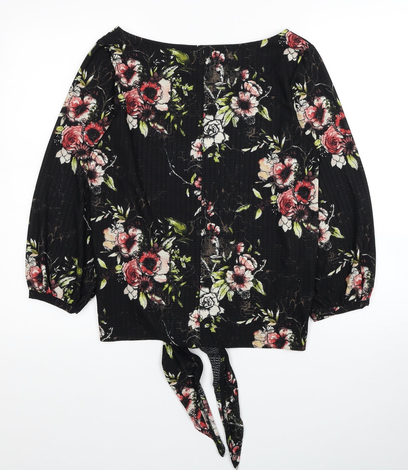 NEXT Womens Black Floral Polyester Basic Blouse Size 8 Boat Neck - Knot Detail