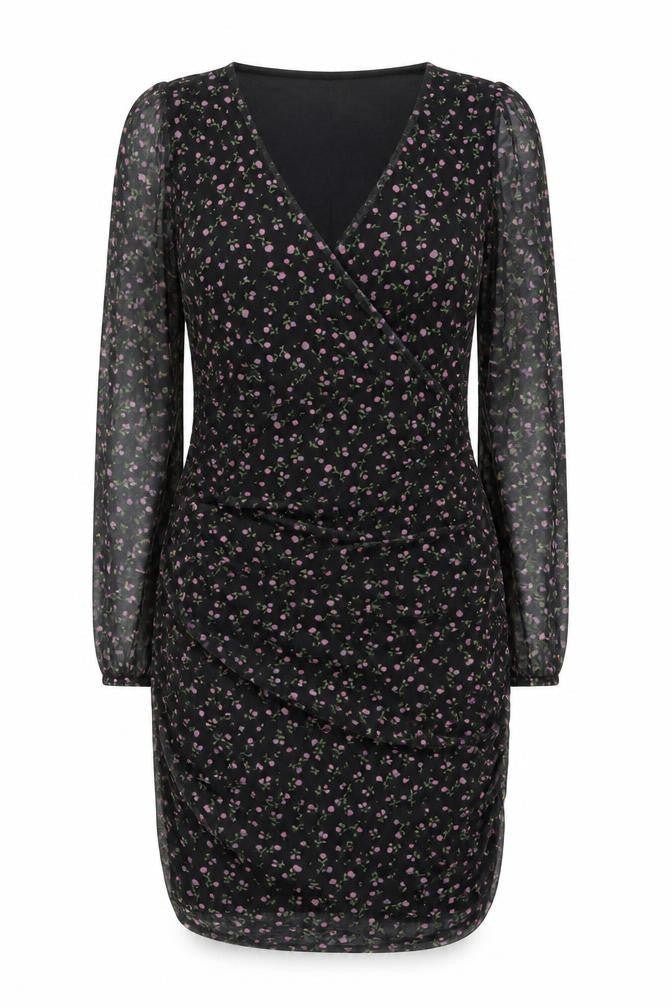 Preworn Womens Black Floral Polyester Bodycon Size 10 V-Neck Pullover