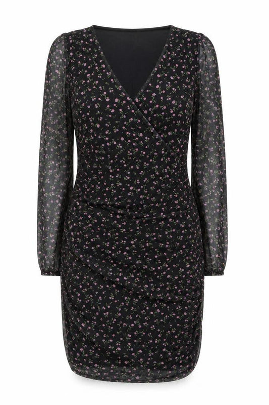 Womens Black Floral Polyester Bodycon Size 10 V-Neck Pullover
