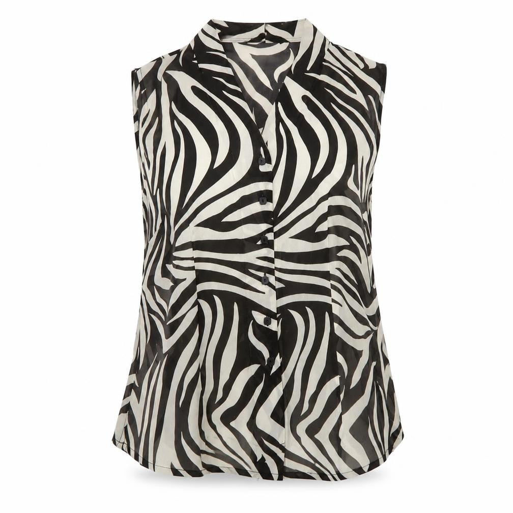 Alex&Co Womens Black Animal Print Polyester Basic Tank Size 14 V-Neck - Zebra Pattern