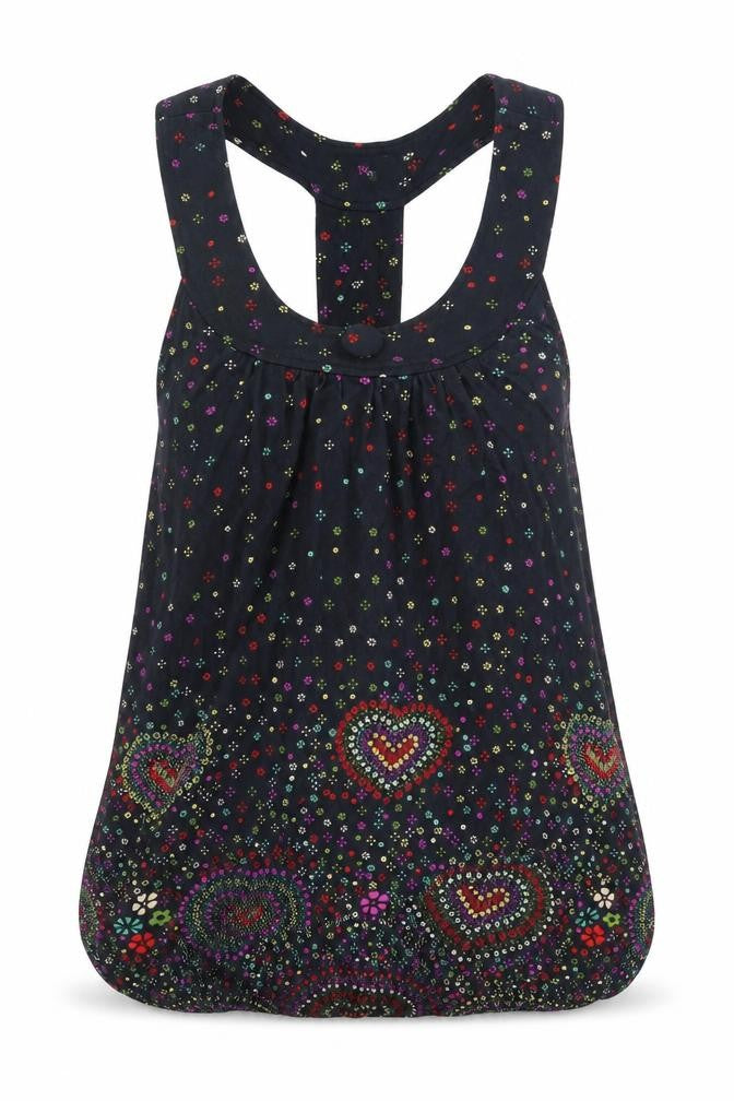 Yumi Womens Black Floral Polyester Basic Tank Size S Scoop Neck