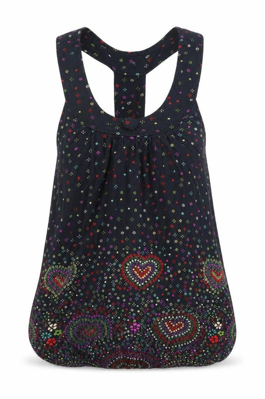 Yumi Womens Black Floral Polyester Basic Tank Size S Scoop Neck