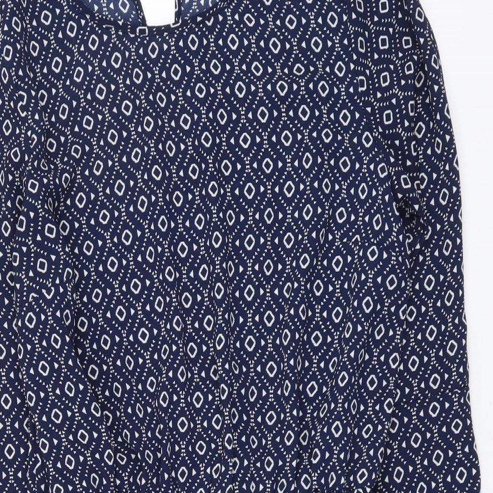 H&M Womens Blue Geometric Polyester Mini Size XS Round Neck Pullover