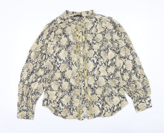 Marks and Spencer Womens Beige Animal Print Viscose Basic Button-Up Size 10 Mock Neck - Snake Pattern