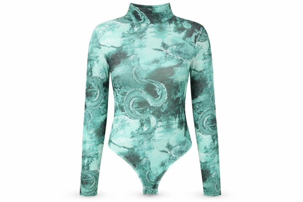 PRETTYLITTLETHING Womens Green Geometric Polyester Bodysuit One-Piece Size 6 Snap