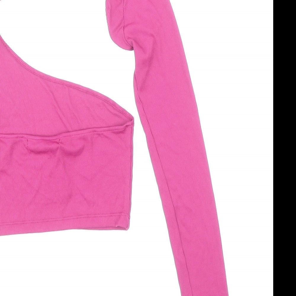 Pull&Bear Womens Pink Polyamide Cropped T-Shirt Size S One Shoulder - One Sleeved Hatler Neck Ribbed