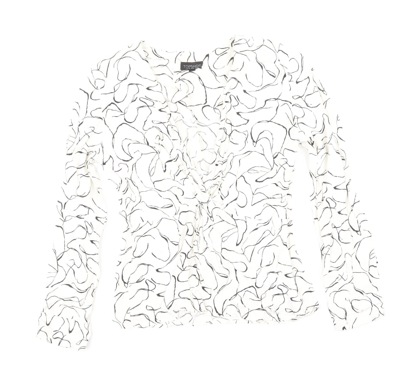 Topshop Womens White Geometric Viscose Basic Blouse Size 10 V-Neck - Buttoned Cuff, Peplum Hem