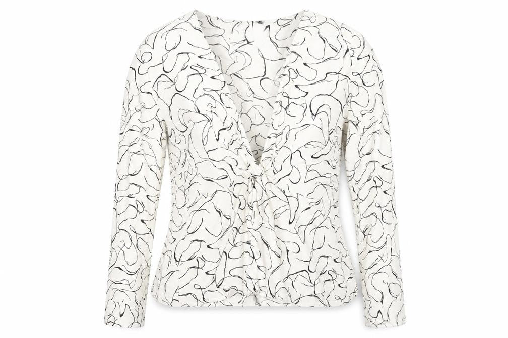 Topshop Womens White Geometric Viscose Basic Blouse Size 10 V-Neck - Buttoned Cuff, Peplum Hem