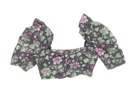 Zara Womens Multicoloured Floral Cotton Cropped Blouse Size XS Sweetheart - Frill Sleeve Detail