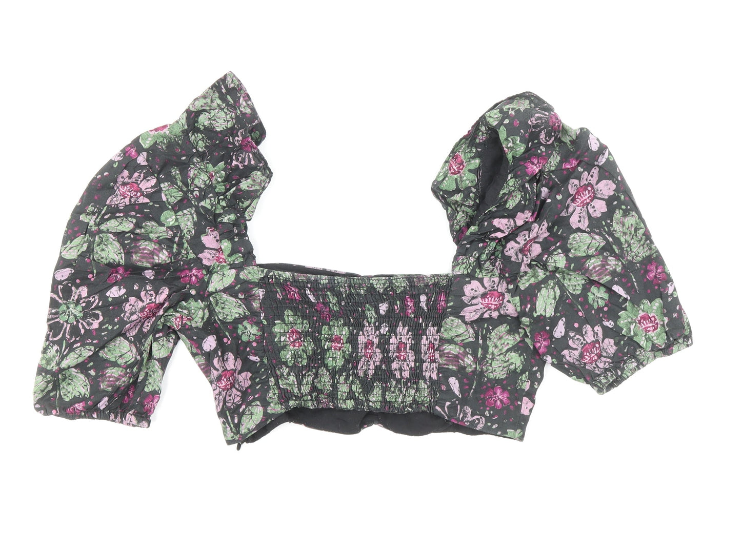 Zara Womens Multicoloured Floral Cotton Cropped Blouse Size XS Sweetheart - Frill Sleeve Detail