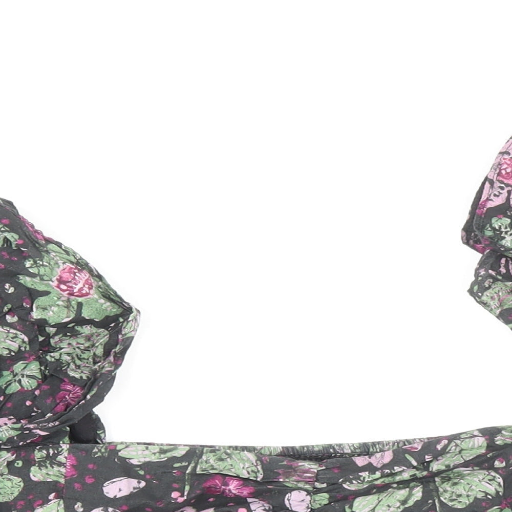 Zara Womens Multicoloured Floral Cotton Cropped Blouse Size XS Sweetheart - Frill Sleeve Detail