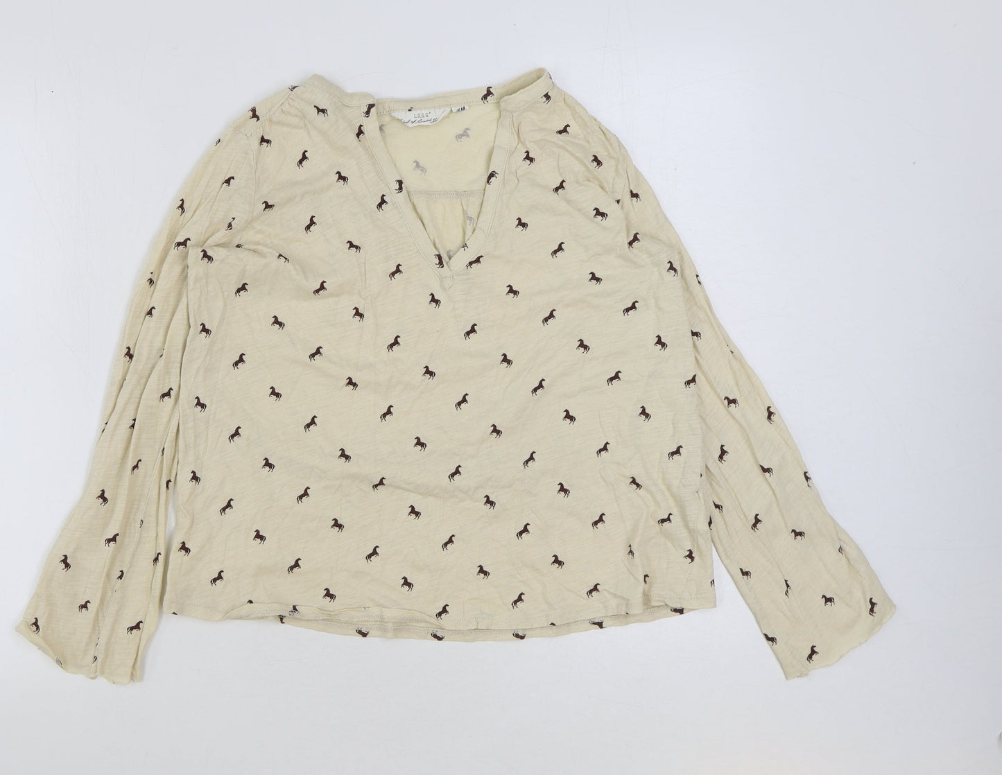H&M Womens Brown Geometric Polyester Basic T-Shirt Size XS V-Neck - Horse Print