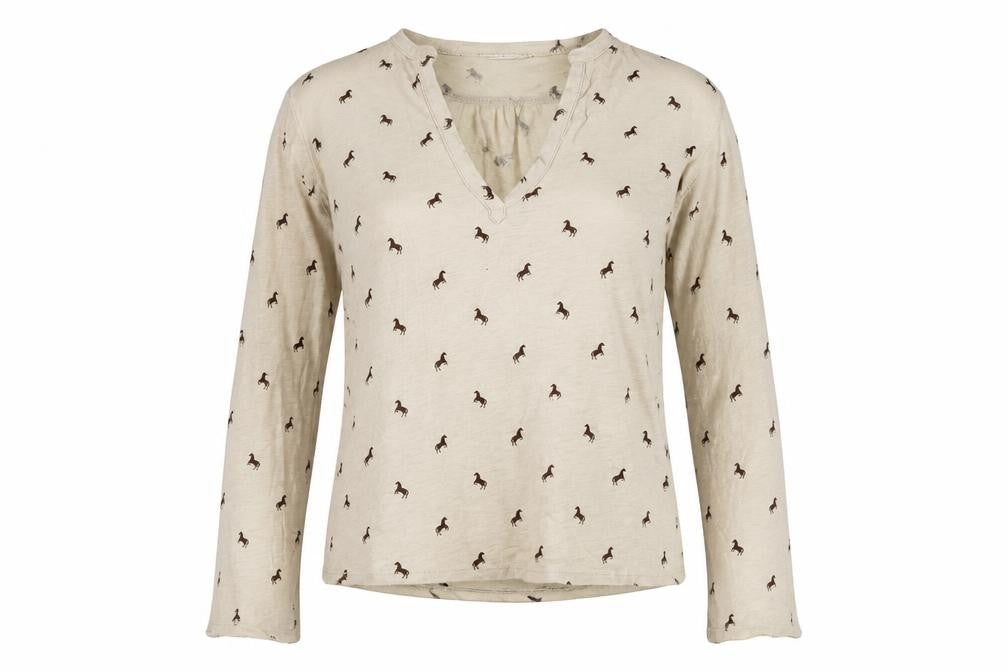 H&M Womens Brown Geometric Polyester Basic T-Shirt Size XS V-Neck - Horse Print