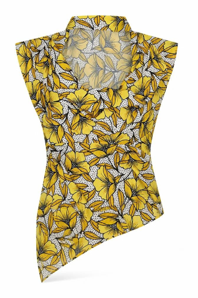 Topshop Womens Yellow Floral Polyester Basic Blouse Size 8 Scoop Neck