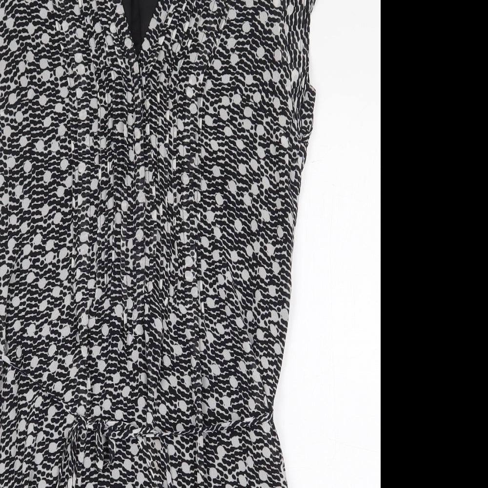 H&M Womens Black Geometric Polyester A-Line Size 8 V-Neck Button