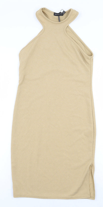 PRETTYLITTLETHING Womens Beige Polyester Mini Size 12 Round Neck Pullover