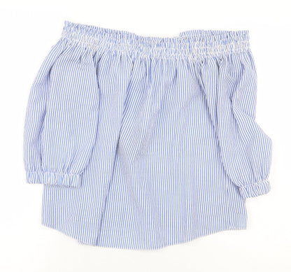 Atmosphere Womens Blue Striped Polyester Basic Blouse Size 4 Off the Shoulder