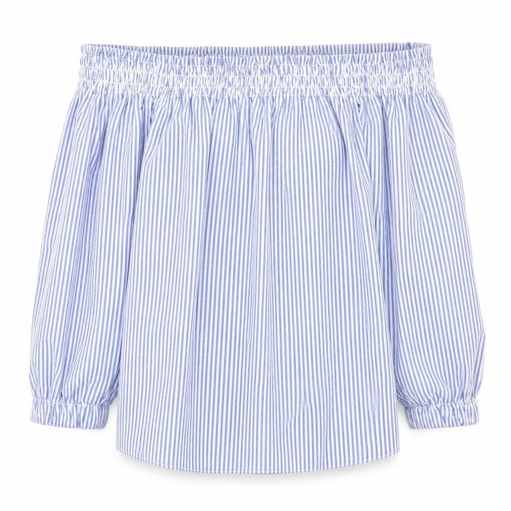 Atmosphere Womens Blue Striped Polyester Basic Blouse Size 4 Off the Shoulder