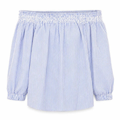 Atmosphere Womens Blue Striped Polyester Basic Blouse Size 4 Off the Shoulder