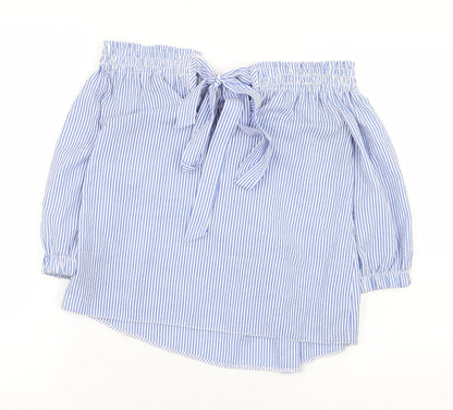 Atmosphere Womens Blue Striped Polyester Basic Blouse Size 4 Off the Shoulder