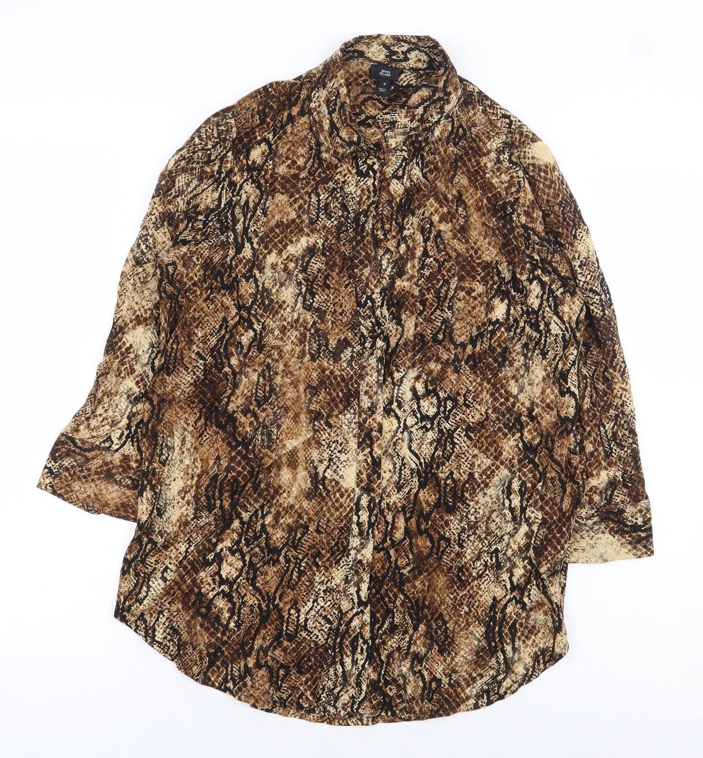 River Island Womens Beige Animal Print Viscose Basic Button-Up Size 8 Collared - Snake Skin Print