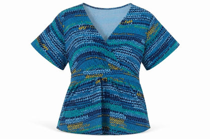 East Womens Blue Geometric Viscose Basic T-Shirt Size M V-Neck