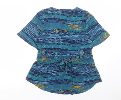 East Womens Blue Geometric Viscose Basic T-Shirt Size M V-Neck