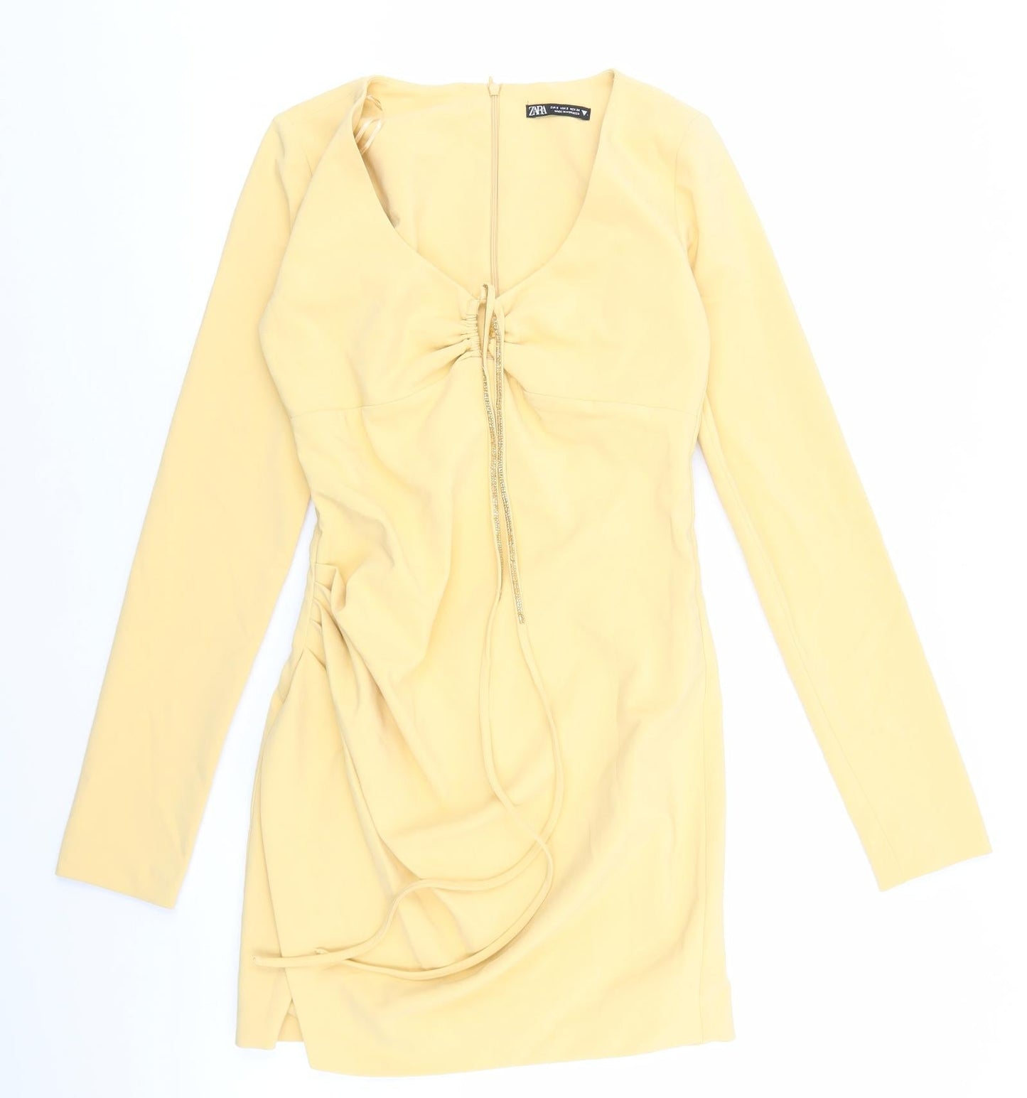 Zara Womens Yellow Polyester Bodycon Size S V-Neck Zip - Glitter Tie Waist. Key Hole