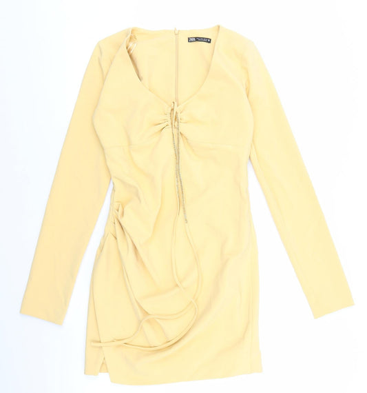 Zara Womens Yellow Polyester Bodycon Size S V-Neck Zip - Glitter Tie Waist. Key Hole
