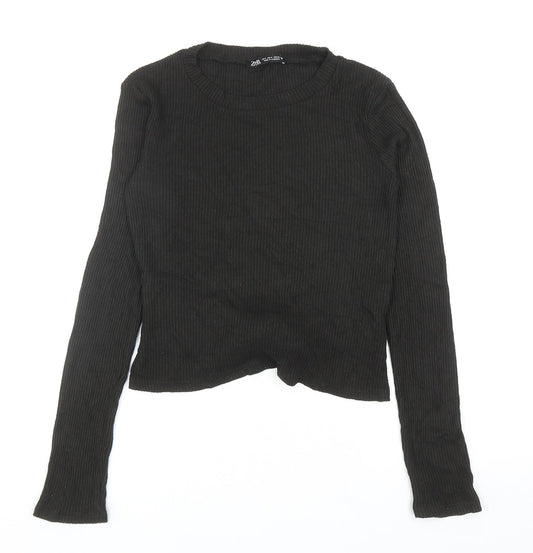 Zara Womens Green Viscose Basic T-Shirt Size S Round Neck - Tie Detail