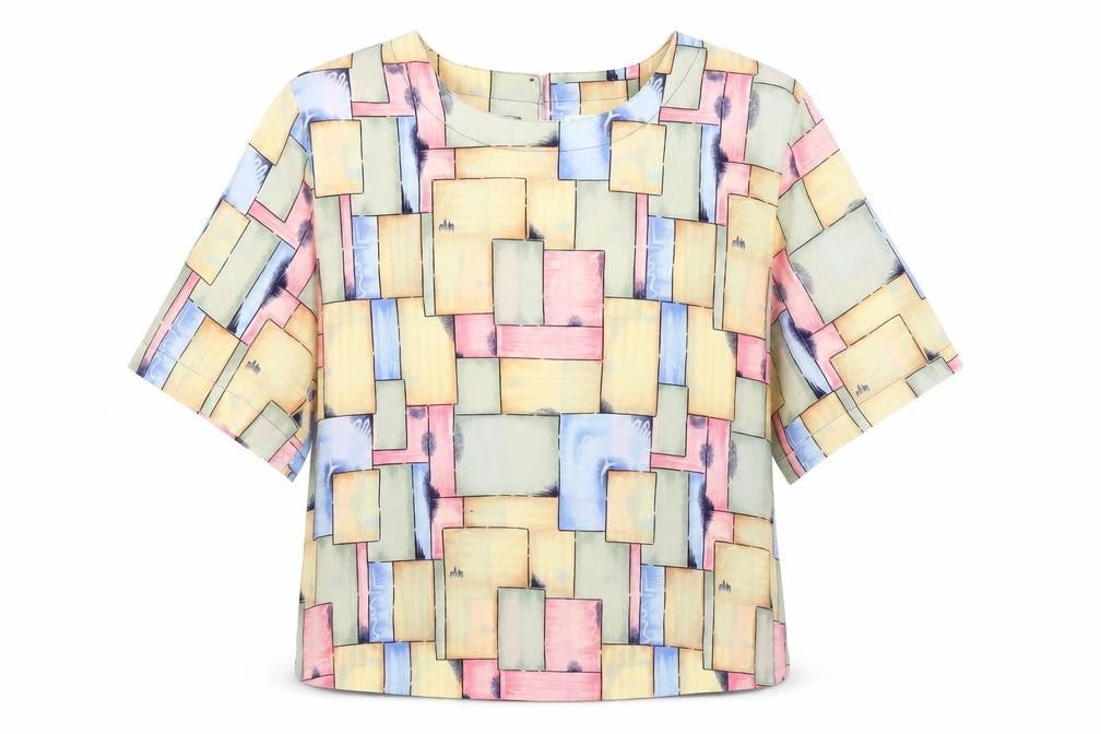 Modern Essentials Womens Multicoloured Geometric Polyester Tunic Blouse Size L Round Neck