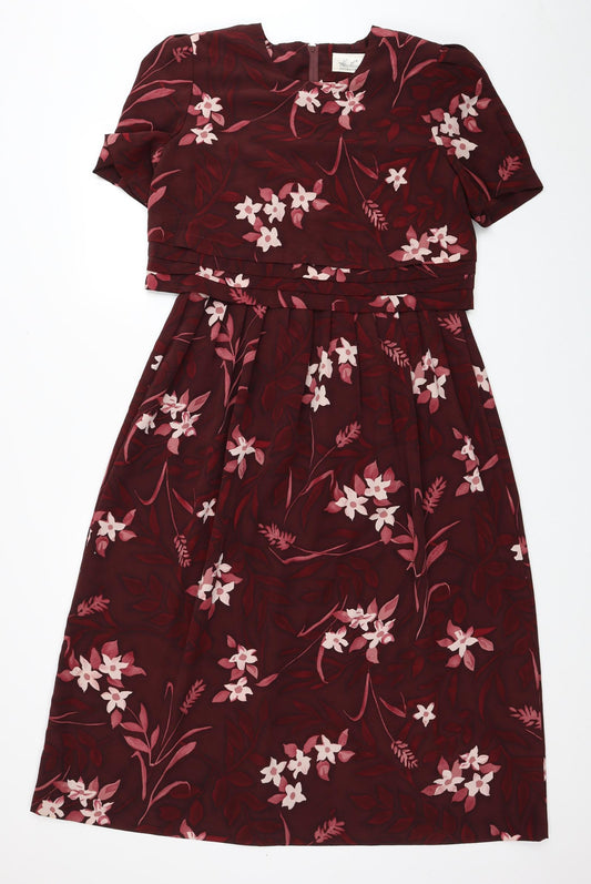Kathie Lee Collection Womens Red Floral Polyester Fit & Flare Size 8 Round Neck Zip - Shoulder Pads
