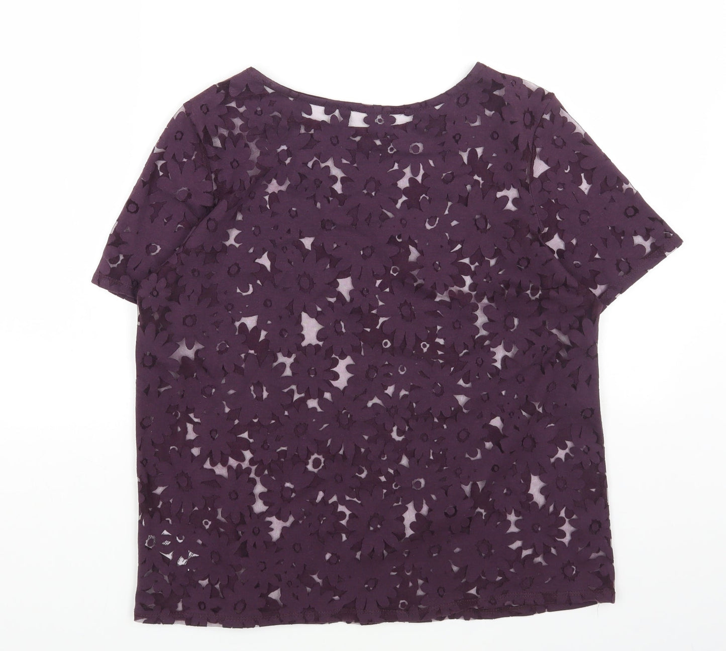 Preworn Womens Purple Floral Cotton Basic T-Shirt Size 12 Boat Neck